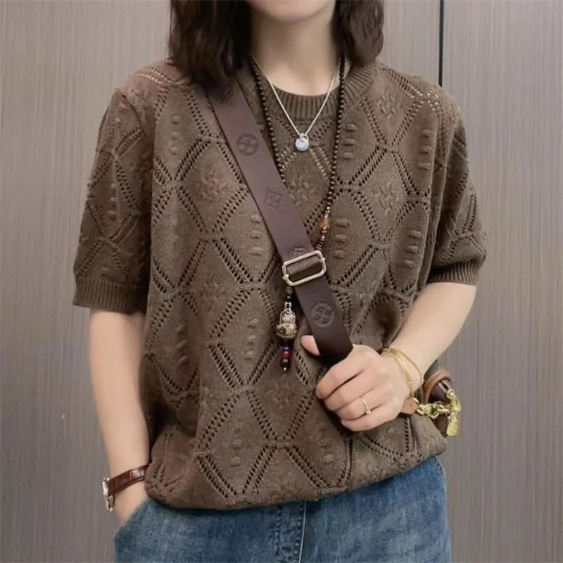 Spring Summer New Short-sleeved Women Sweater O-neck Jacquard Hollow Thin Knitwear Sweater Pullovers Lady Jumper Knitted Tops