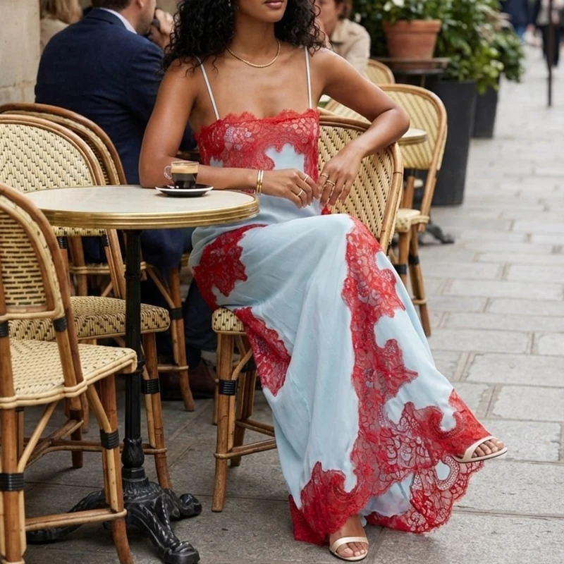Sexy Spitzenbesetztes Einfarbiges Partykleid Damen Mode Hohe Taille Loses Langes Kleid Elegantes Schulterfreies Ärmelloses Trägerkleid