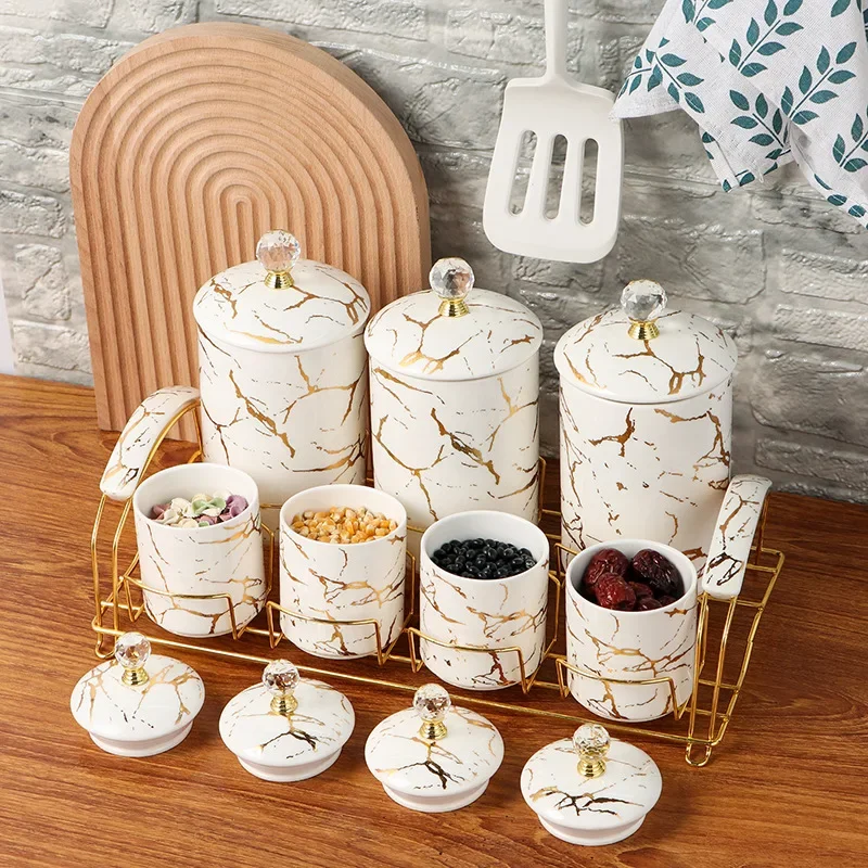 Gold Patterned Ceramic Sealed Storage Jar, Seasoning Box, Spice Jar, Kitchen Supplies, Food Storage Container, Storage Bottle
