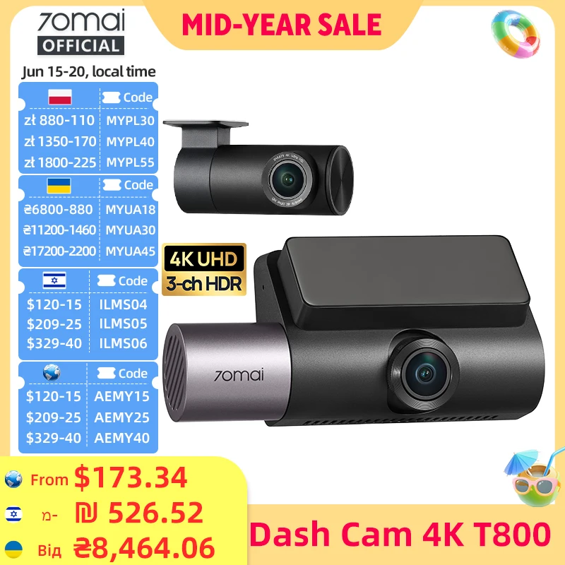 【Magazyn lokalny】Kamera samochodowa 70mai 4K T800 z 3 kanałami nagrywania, potrójnym HDR, sterowaniem głosowym, 4G LTE, zdalnym sterowaniem, rejestrator samochodowy 70mai T800