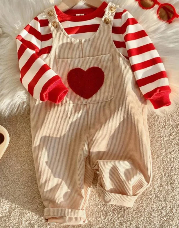 1-4Y Toddler Baby Girl Valentines Day Outfit Striped Long Sleeve Sweatshirt and Heart Corduroy Overall Pants 2 Piece Set