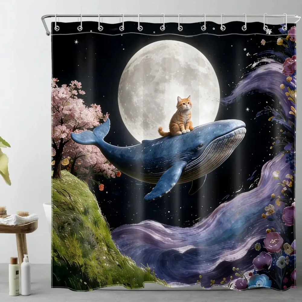 

Забавная занавеска для душа с котиком, милая оранжевая кошка, катящаяся на синем китае, фантастический декор для детской ванной комнаты, водонепроницаемая моющаяся ткань