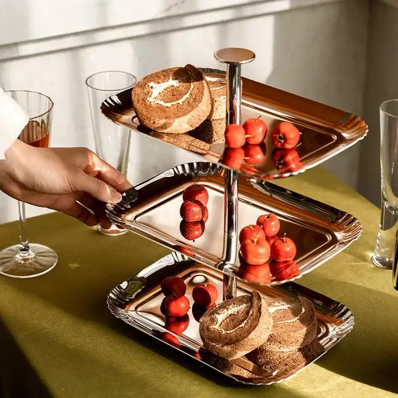 European-style stainless steel three-layer fruit plate,luxury tray,afternoon tea cake and pastry plate sample