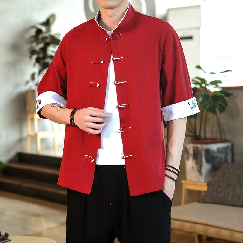 2024 Summer Crane Embroidery Top Traditional Chinese Style Mens Vintage Half Sleeve Linen Shirts Madarin Collar Kungfu Shirt