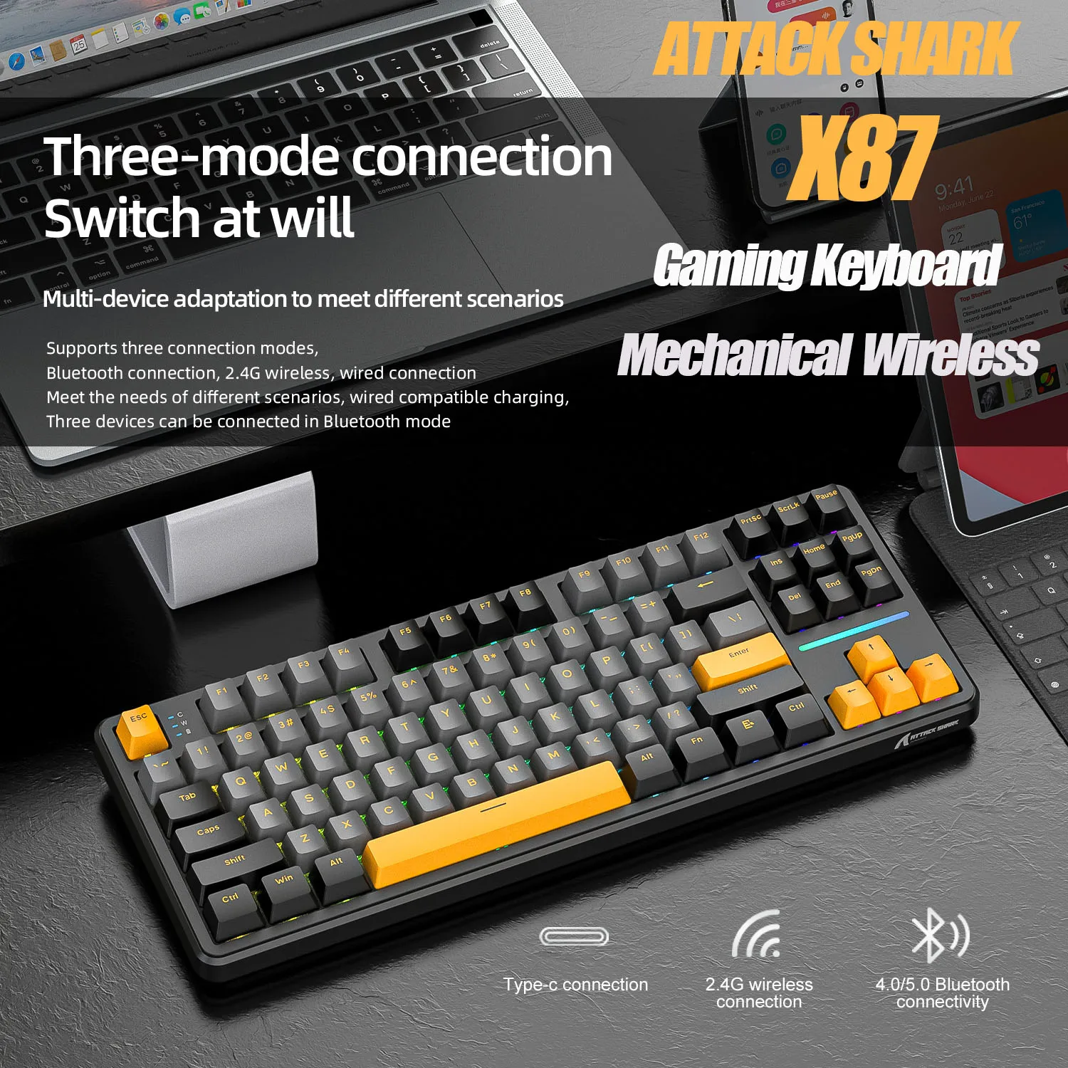 

Attack Shark X87 Bluetooth-клавиатура, игровой макропривод, полупрозрачная механическая клавиатура с боковой гравировкой, RGB, горячая замена