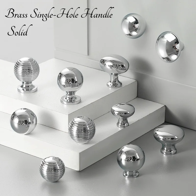 1PCS Single-hole Solid Brass Bright Silver Minimalist Cabinet Pull Handle Classical Light Luxury Drawer Handle Cabinet Door Knob