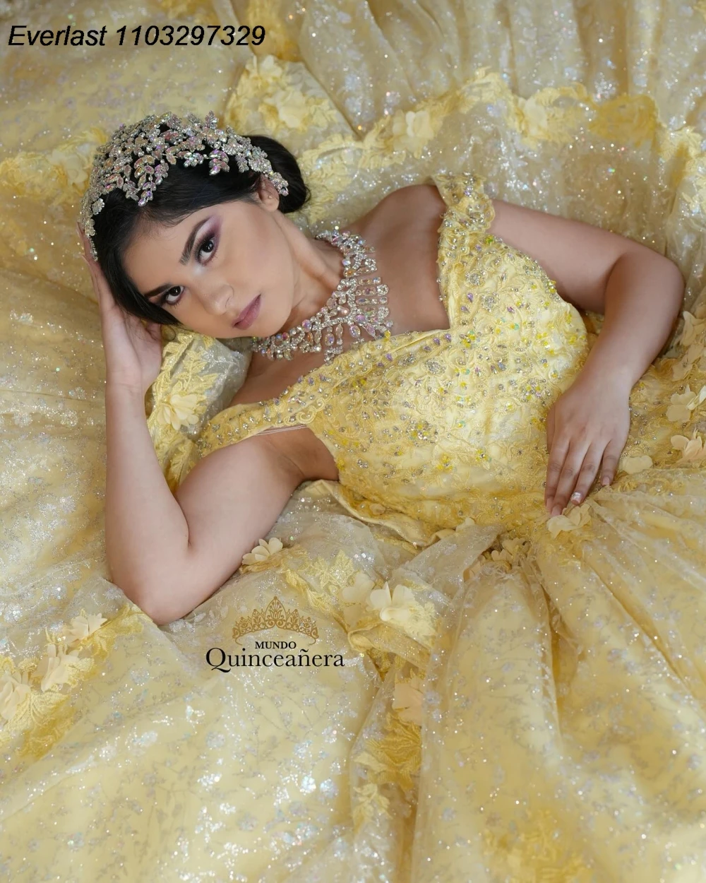 EVLAST Customized Yellow Sequins Quinceanera Dress Ball Gown Shiny pplique Beading Bow Corset Sweet 16 Vestido De 15 Anos TQD990