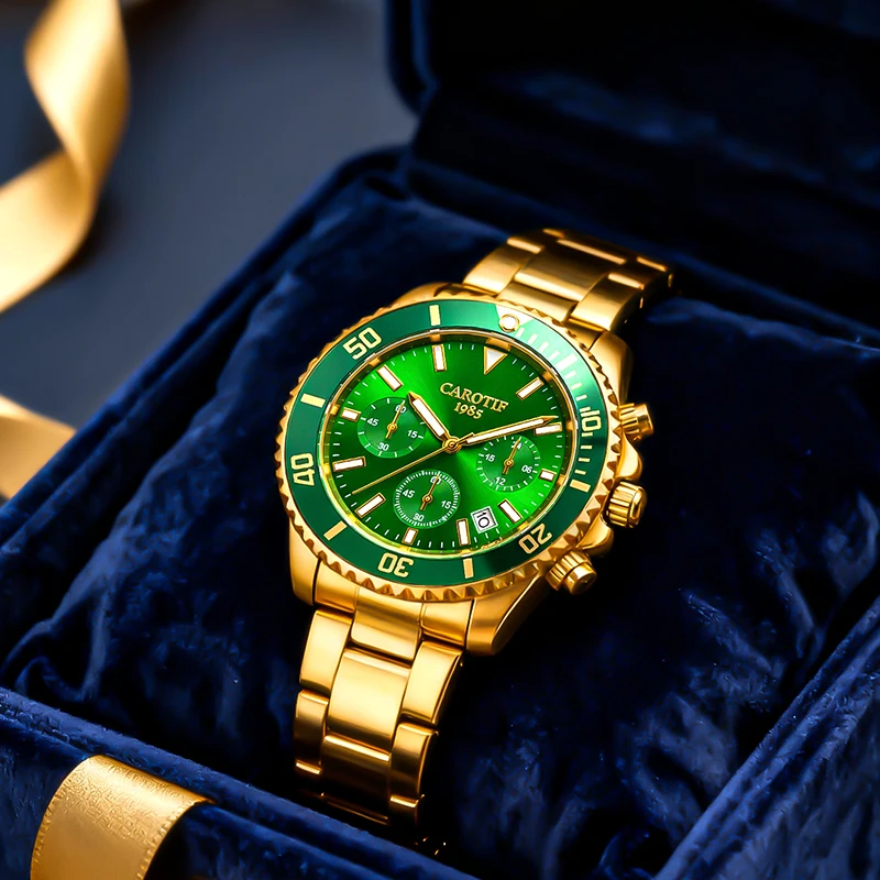 

A men's yellow green steel strip business style fashionable three eye scale quartz wristwatch