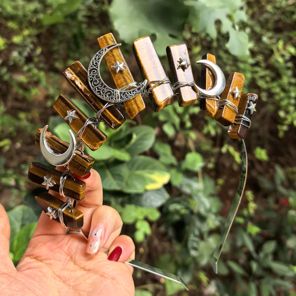 

Обруч для волос ручной работы с луной и звездой и кристаллами, эстетический аксессуар для волос ведьмы, повязка на голову из натурального камня для фестиваля, вечеринки, готический декор для волос