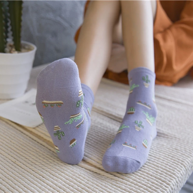 

2pc Girls Medium Length Socks Korean Version Plain Color Fresh Cactus All Cotton Breathable Womens Mid Length Socks Cotton Socks