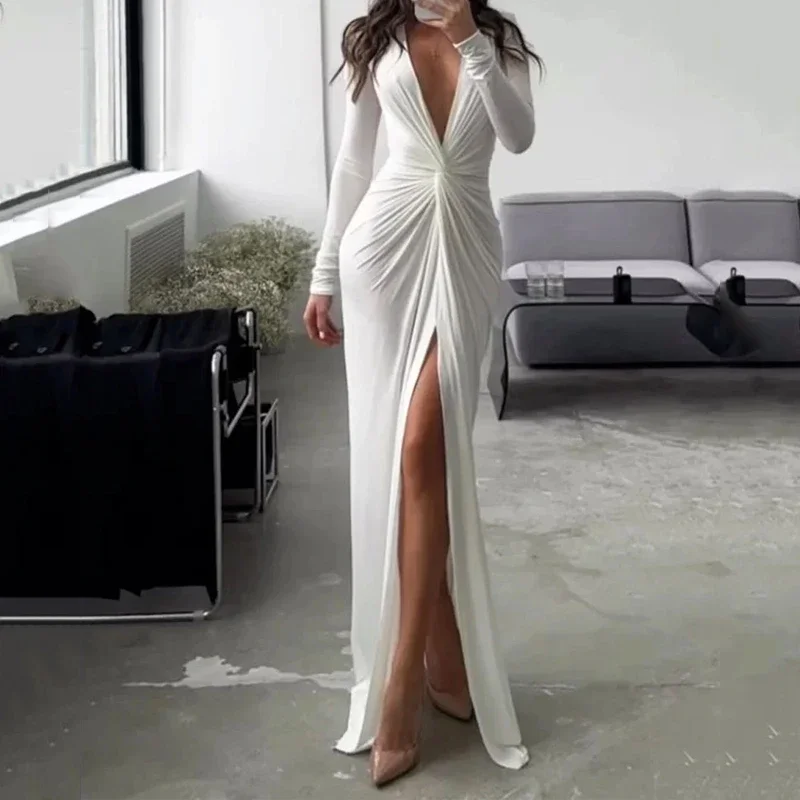 Damska Sukienka Maxi Letnia Moda Sexy Rozcięcie Dekolt V Długi Rękaw Jednolita Wyszczuplająca Plisowana Sukienka Wieczorowa Imprezowa High Streetwear Lato 5XL — zdjęcie 3