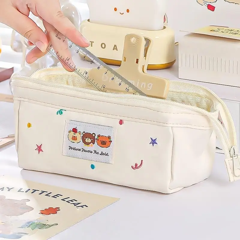 Adorable estuche para lápices con diseño de oso, suministros de oficina escolares de gran tamaño