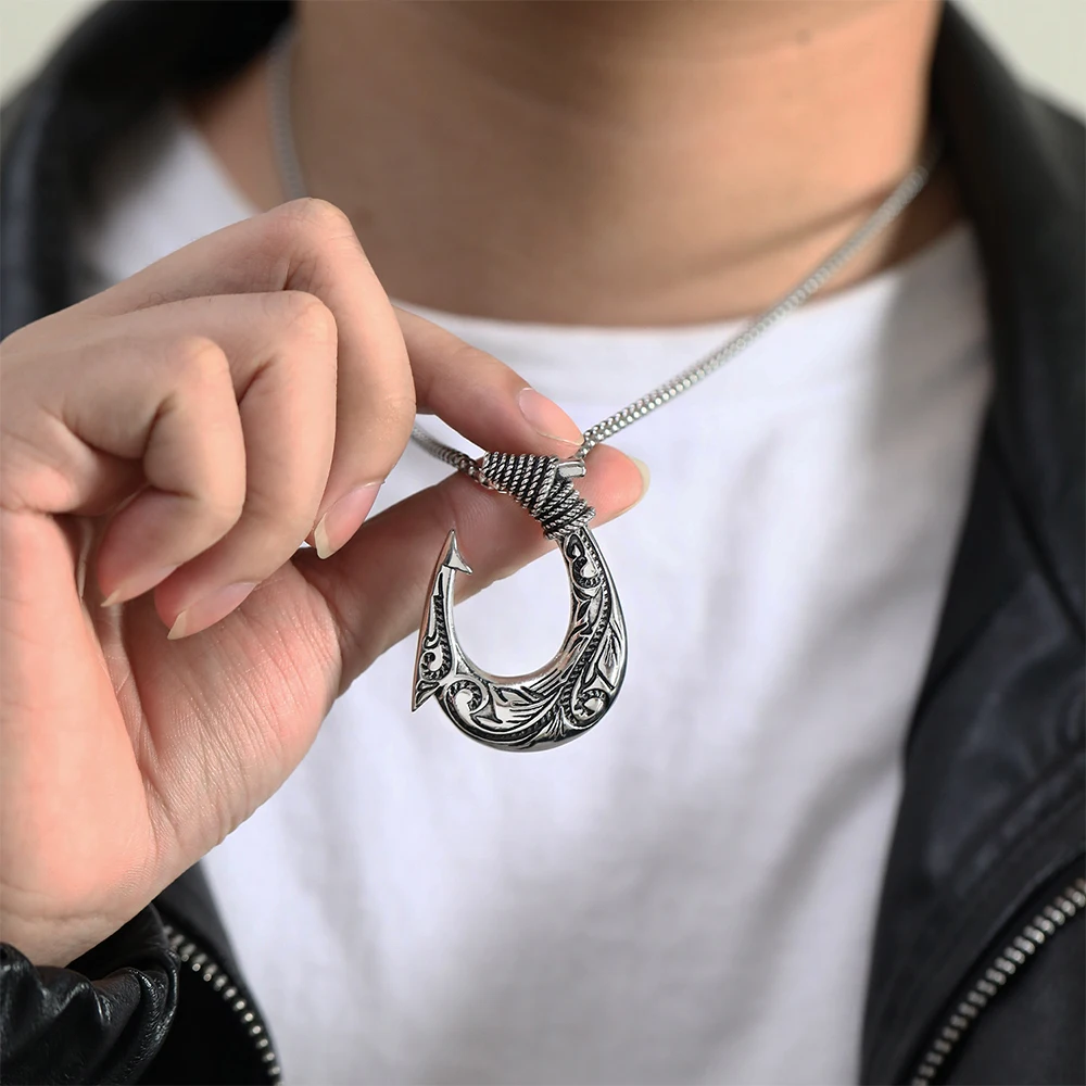 Stainless Steel Magic Fish Hook Pendant Necklace Vintage Punk Anchor Chain Men Biker Jewelry Best Gift Wholesale Dropshipping view 6