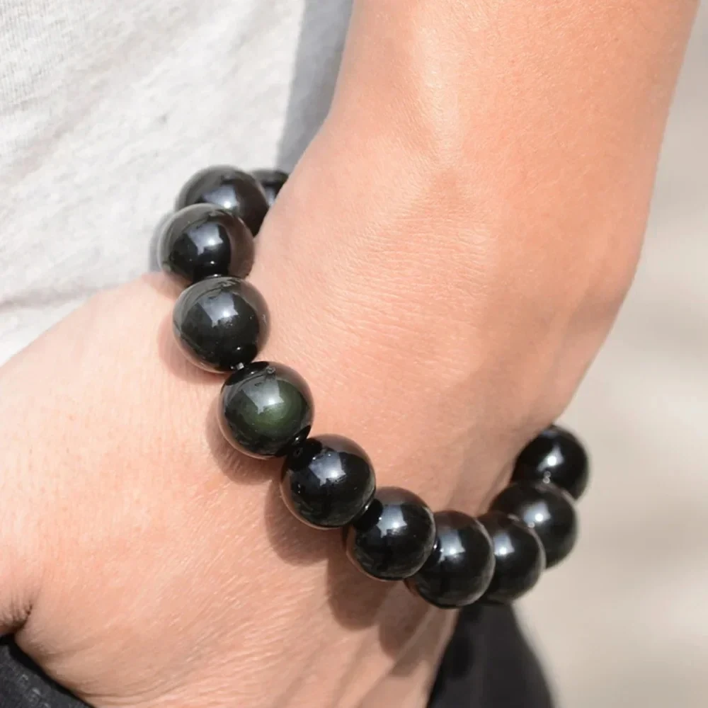 Natural Rainbow Eye Obsidian Adjustable Stretch Beaded Bracelet For Men Women - Perfect Gift For Halloween Loved Ones