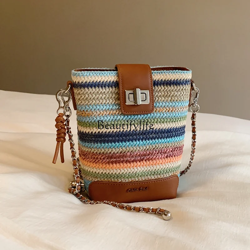 Rainbow Bridge Bucket Bags for Women, Woven Shoulder Messenger Bag, Summer