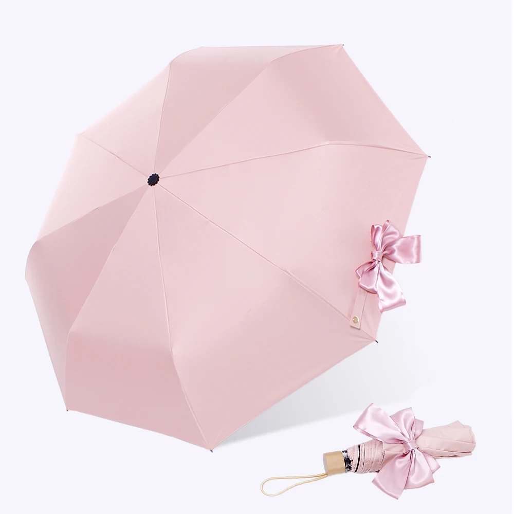 Women Cute Umbrella Bow Folding Travel Umbrella Black Coating Sunscreen Girls Umbrella Paraguas