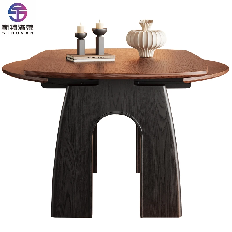 طاولة طعام مستديرة من الخشب الطبيعي، أثاث منزلي حديث قابل للتمديد من الخشب الصلب لاستخدام مطعم شقة الفيلا #1