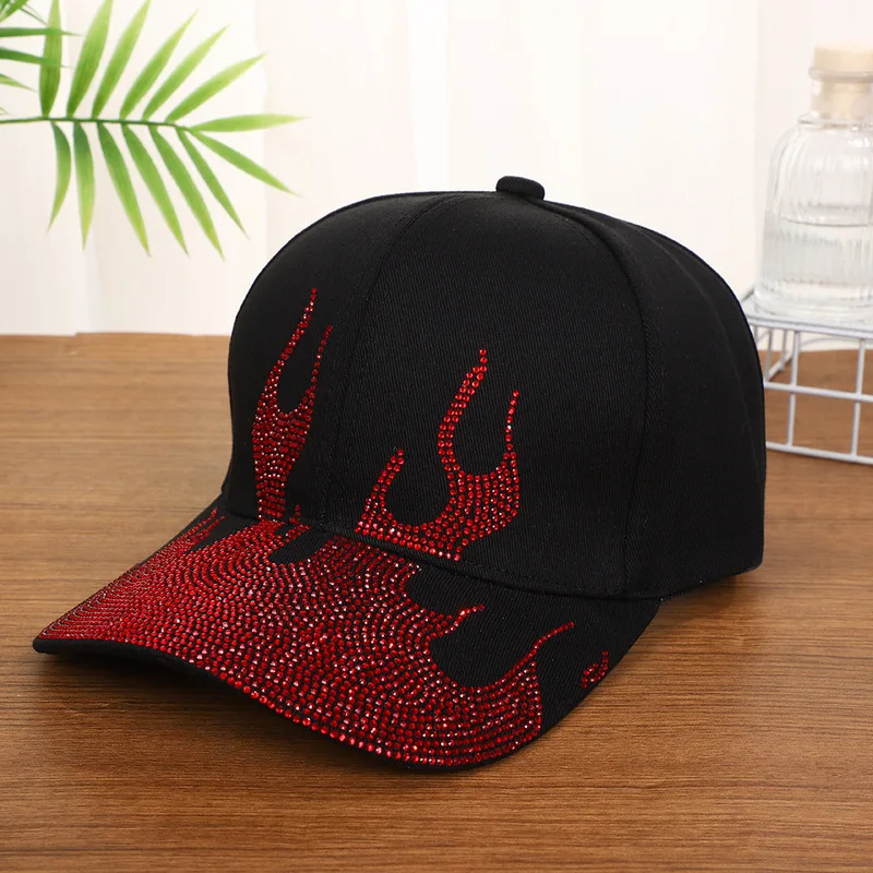 New cotton baseball cap for men and women, sun protection hat with rhinestone flame design, fashionable casual hat