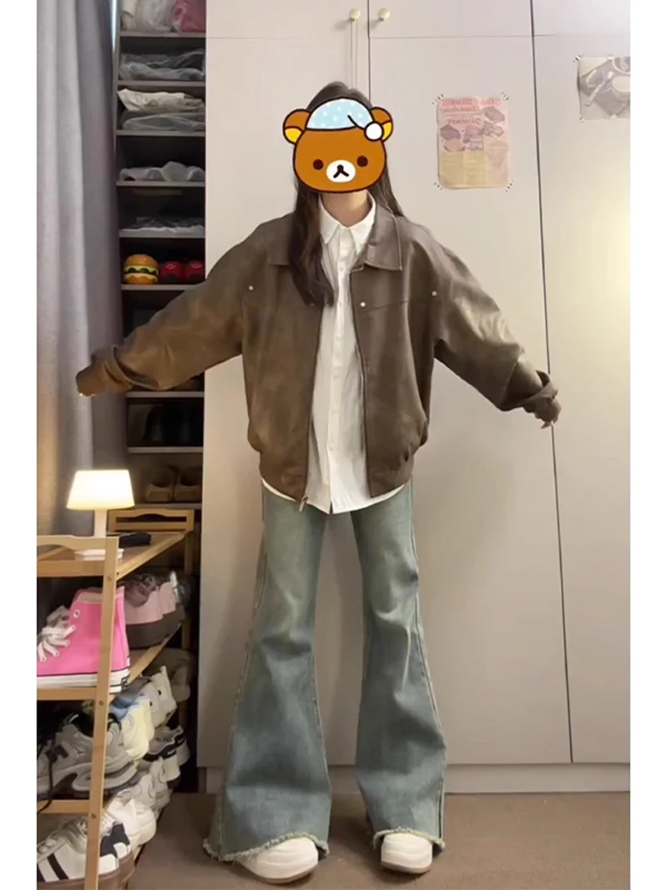 American Retro Brown Workwear Leder Jaet Damen Baseball Sle Collar Biker Mantel Trendy Herbst Oberbekleidung Mantel