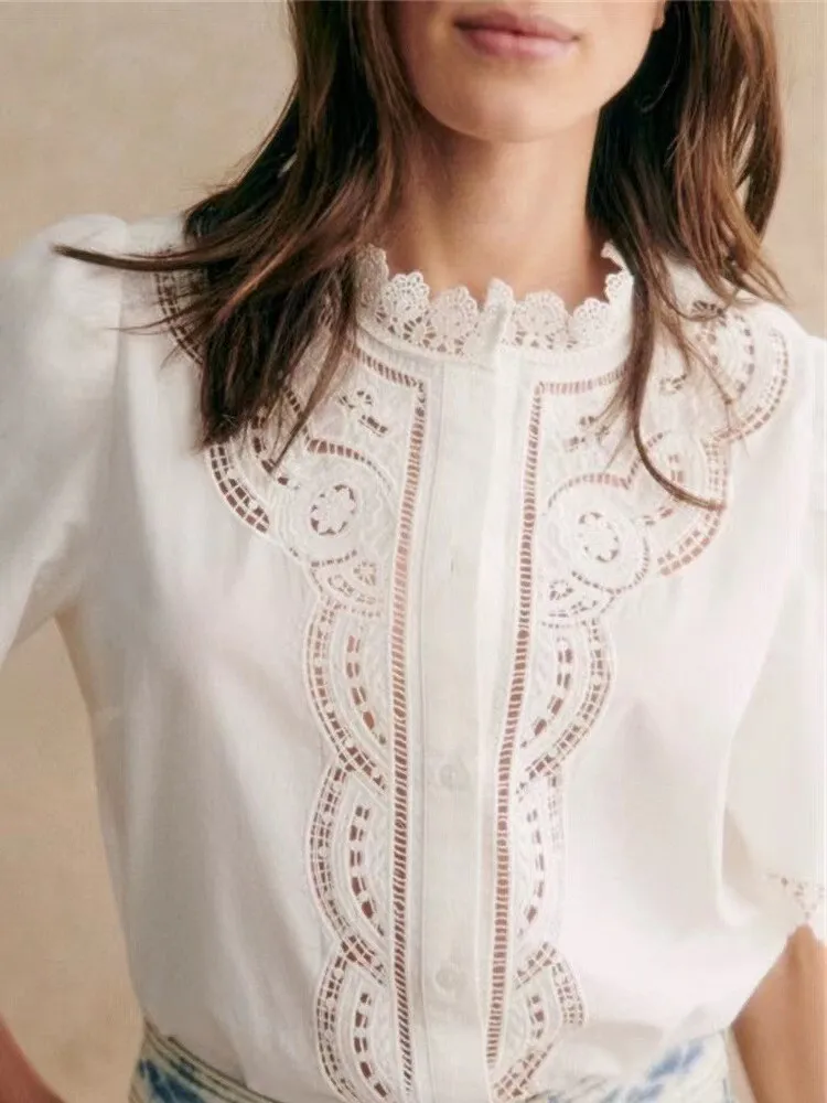 White Women Short Sleeve Blouse Embroidery Stand Collar Single Breasted Lace Hollow Out Ladies Casual Shirt 2024 Summer