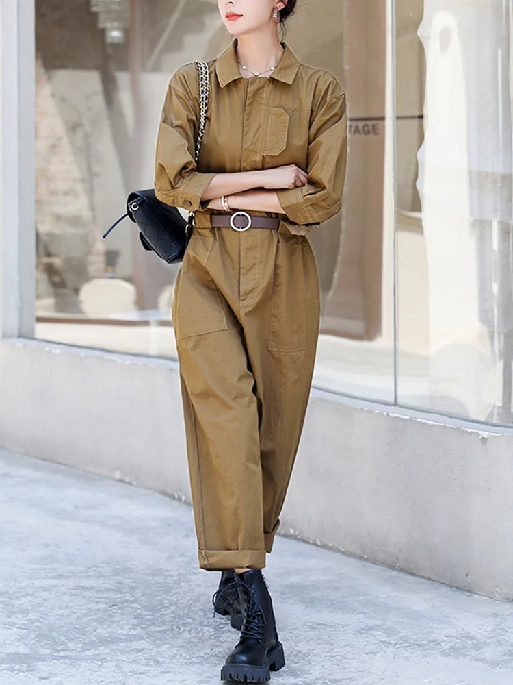 ENjoyce Spring Fall Women Vintage Khaki Three Quarter Sleeve Jumpsuits Cotton Romper Ladies Streetwear Loose Bodysuit Overalls