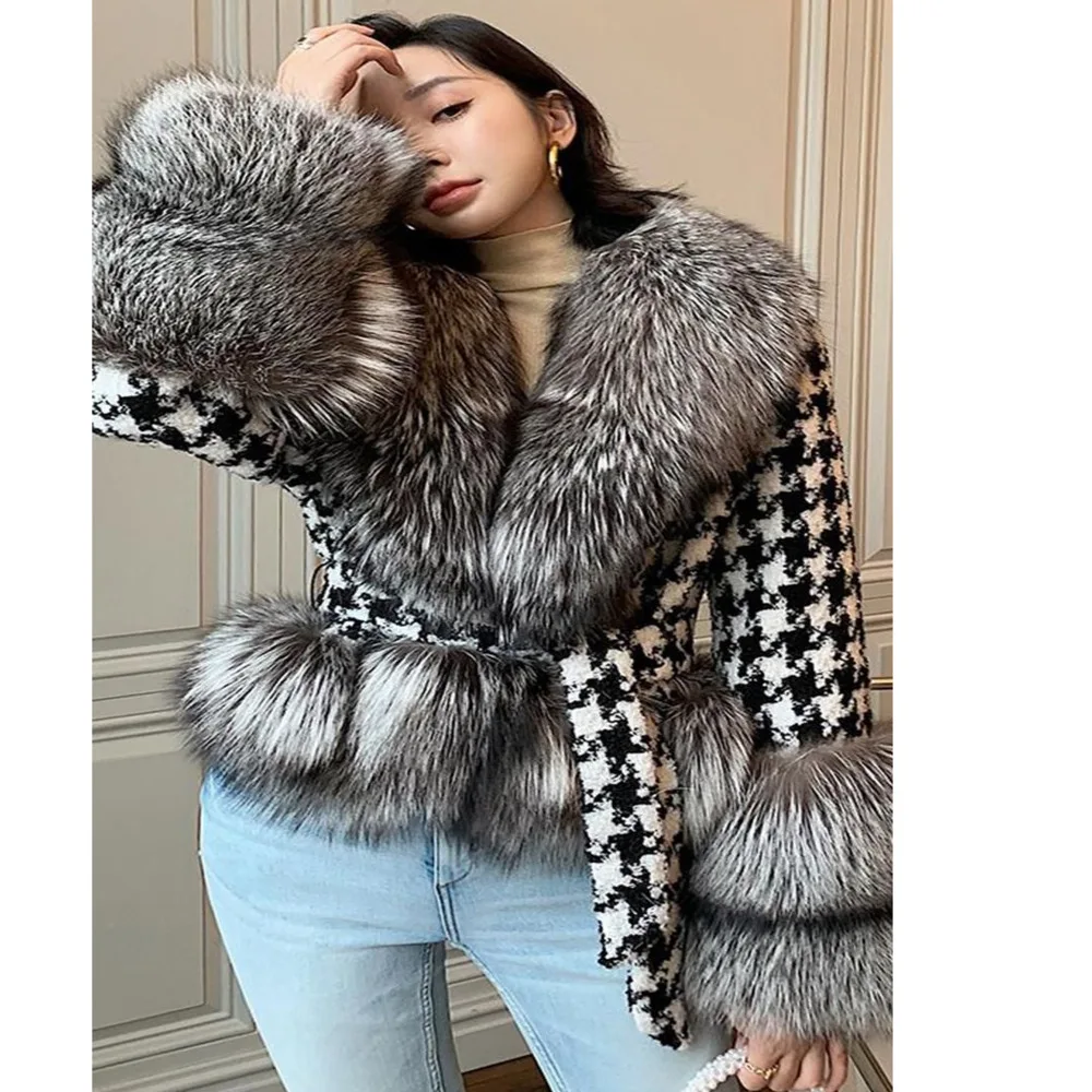 

2024 New Real fur,Women's Winter Coats Elegant Slim Cropped Real Silver Fox Fur Jacket With Belt Female Wool Blend Coats