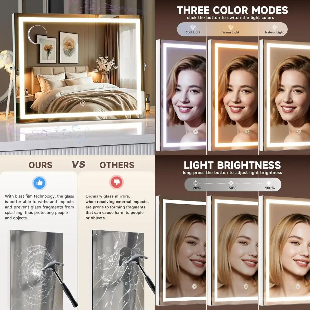 

Bluetooth LED Makeup Mirror with 17.7 x 13.8, Light Sensor, 10X Magnifier, White Metal Frame