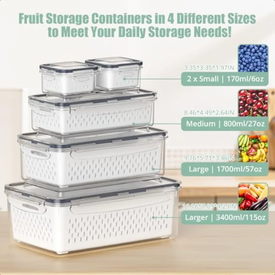 5 Pcs Fruit Storage Containers For Fridge with Removable Colander and Handle Lid Refrigerator Organizers and Storage Airtight C