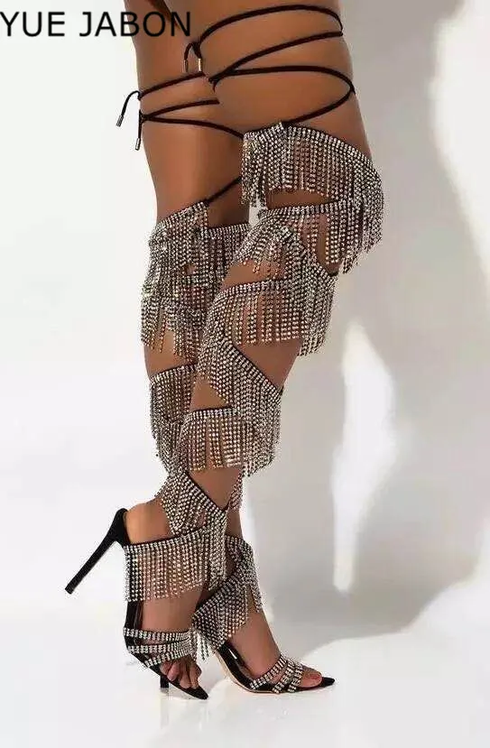 Black Women Fringe Embellished Over The Knee Boots Lady Elegant Crystal High Heel Dancing Party Long Boot Diamond Tassel Shoes