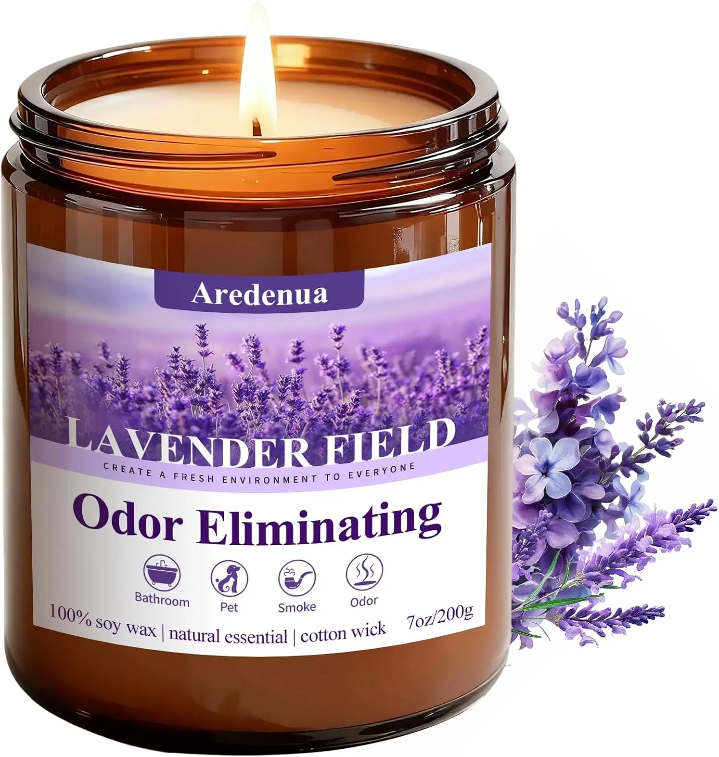 Vela de Soya con Aroma a Lavanda para Eliminar Olores - 7oz, Hecha a Mano, Elimina Olores de Mascotas y Humo para Hogares Frescos