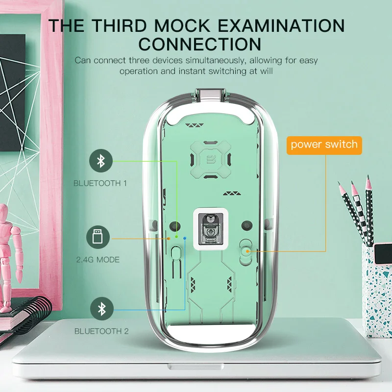 ماوس لاسلكي قابل لإعادة الشحن، هيكل داخلي شفاف، نمط داخلي لطيف وجميل، انقر صامت، ماوس مريح للكمبيوتر المحمول #5