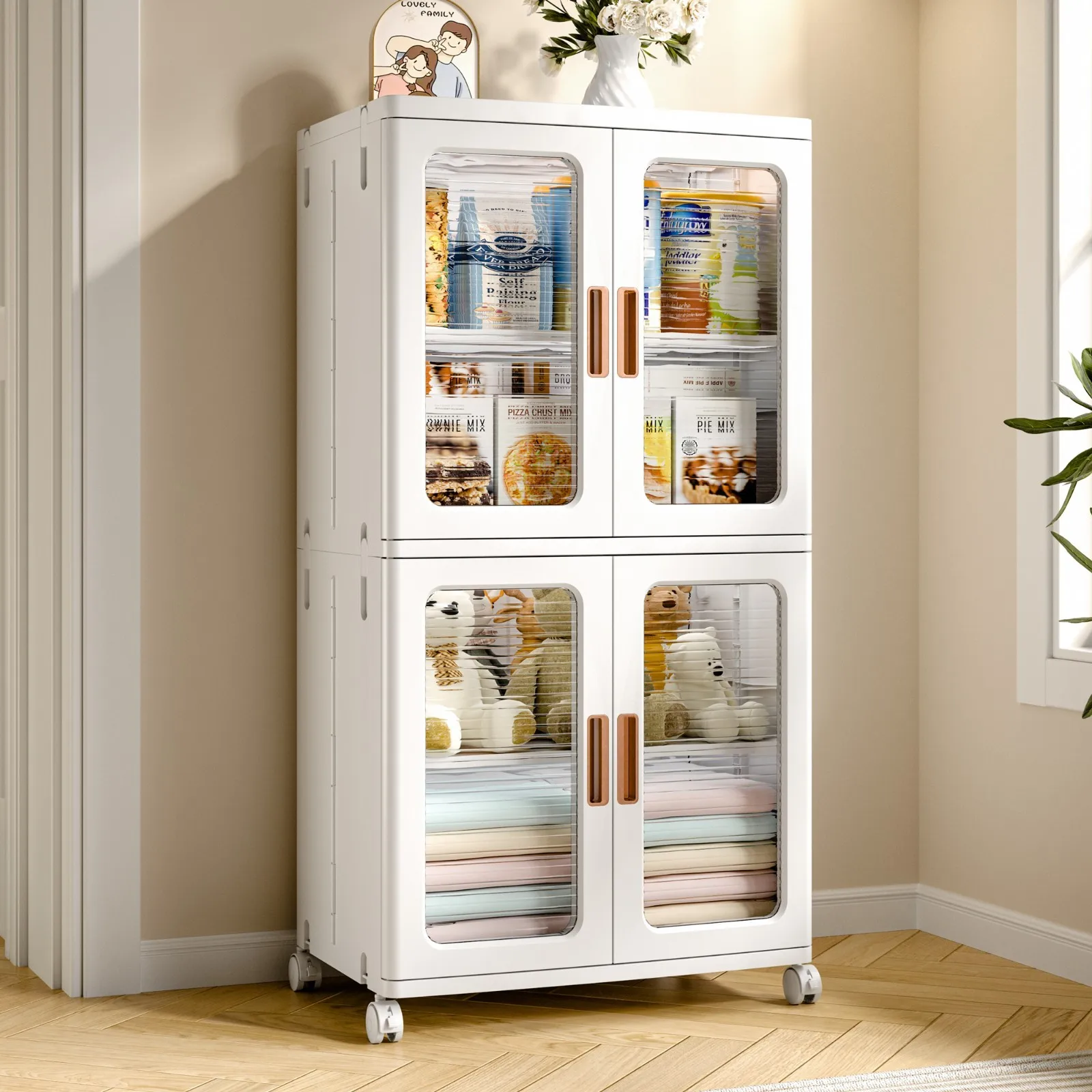 

4 Tier Large Stackable Storage Bins w/Wheels Collapsible Dual Access Clear Door
