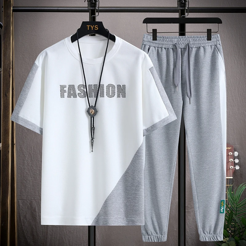 Casual 2024 Summer Two Piece Men's Sets Short Sleeve T-Shirts And Long Pants Outwear Top Tees & Elastic Waist Trousers Tracksuit