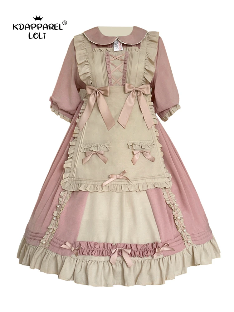 Girls OP Dresses Lolita Bows Sweet Doll Collar Short-Sleeve/Long-Sleeve Soft With Apron Cosplay Birthday Party Women Summer New