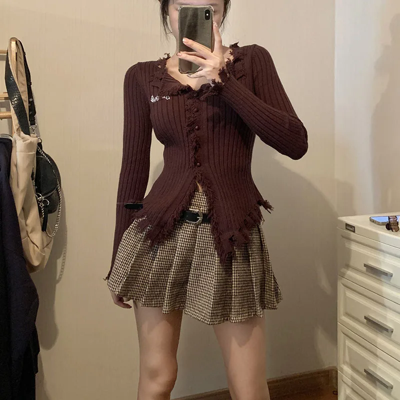 Boring Honey On the Edge Tassels Sweater for Women, Korean Review, Many Clothes, Solid Color, Single-Breasted, Long Sleeves