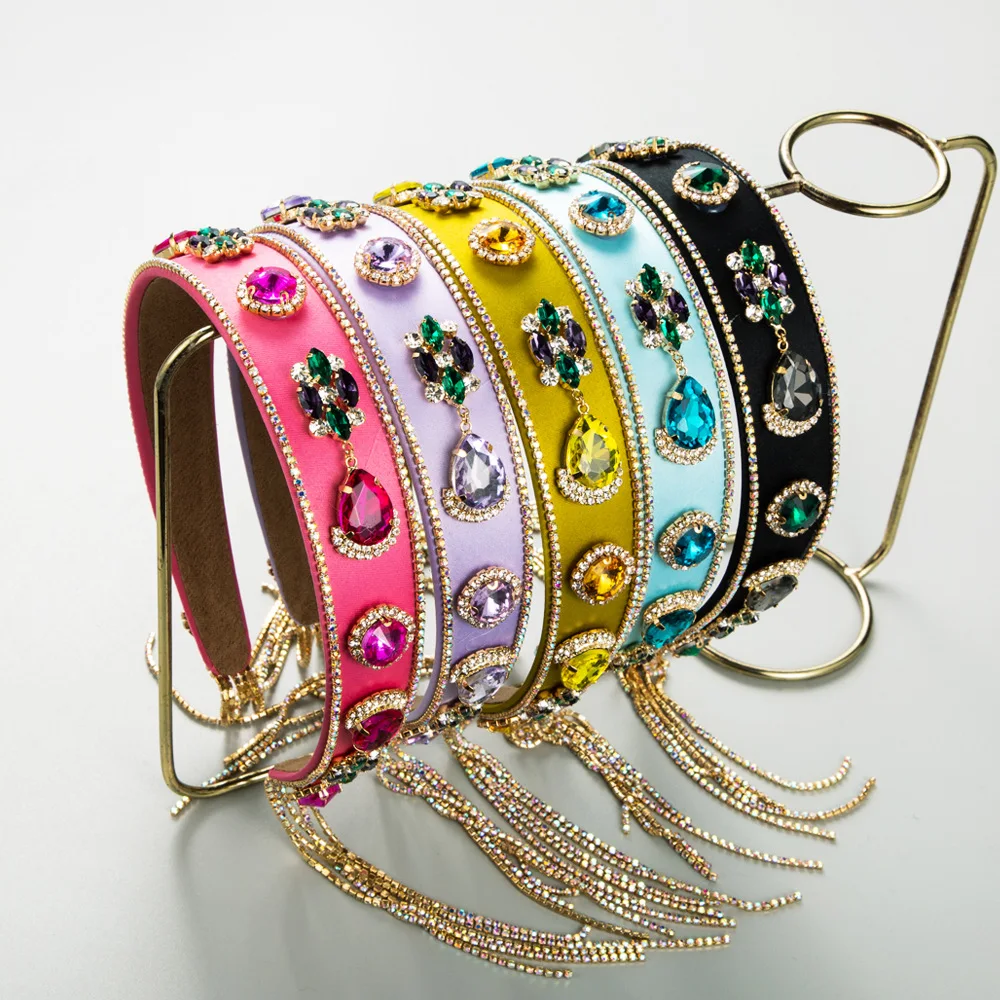 Super Flash Colorful Crystals Headband Fashion Heavy Industry Personality Diamond Hairband Extra Long Tassel Hair Accessories