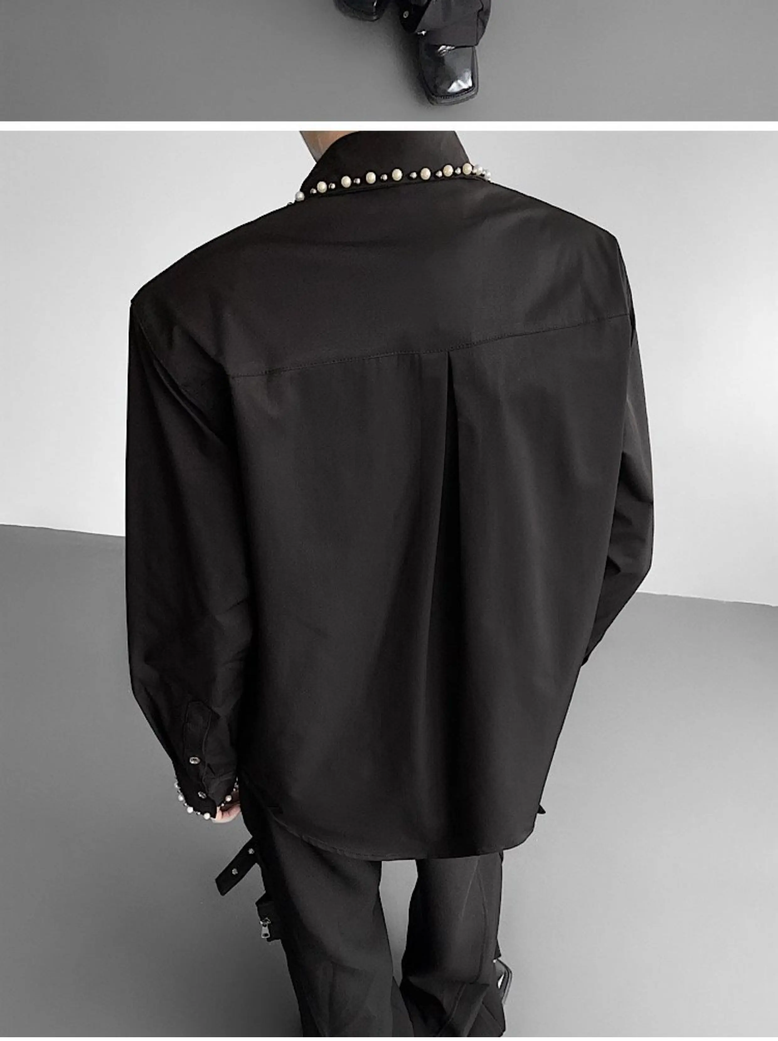 2025 Autumn Men's Korean Style High-End Long Sleeve Shirt Dark Palace Style Pearl Trim Decorative Top Trend