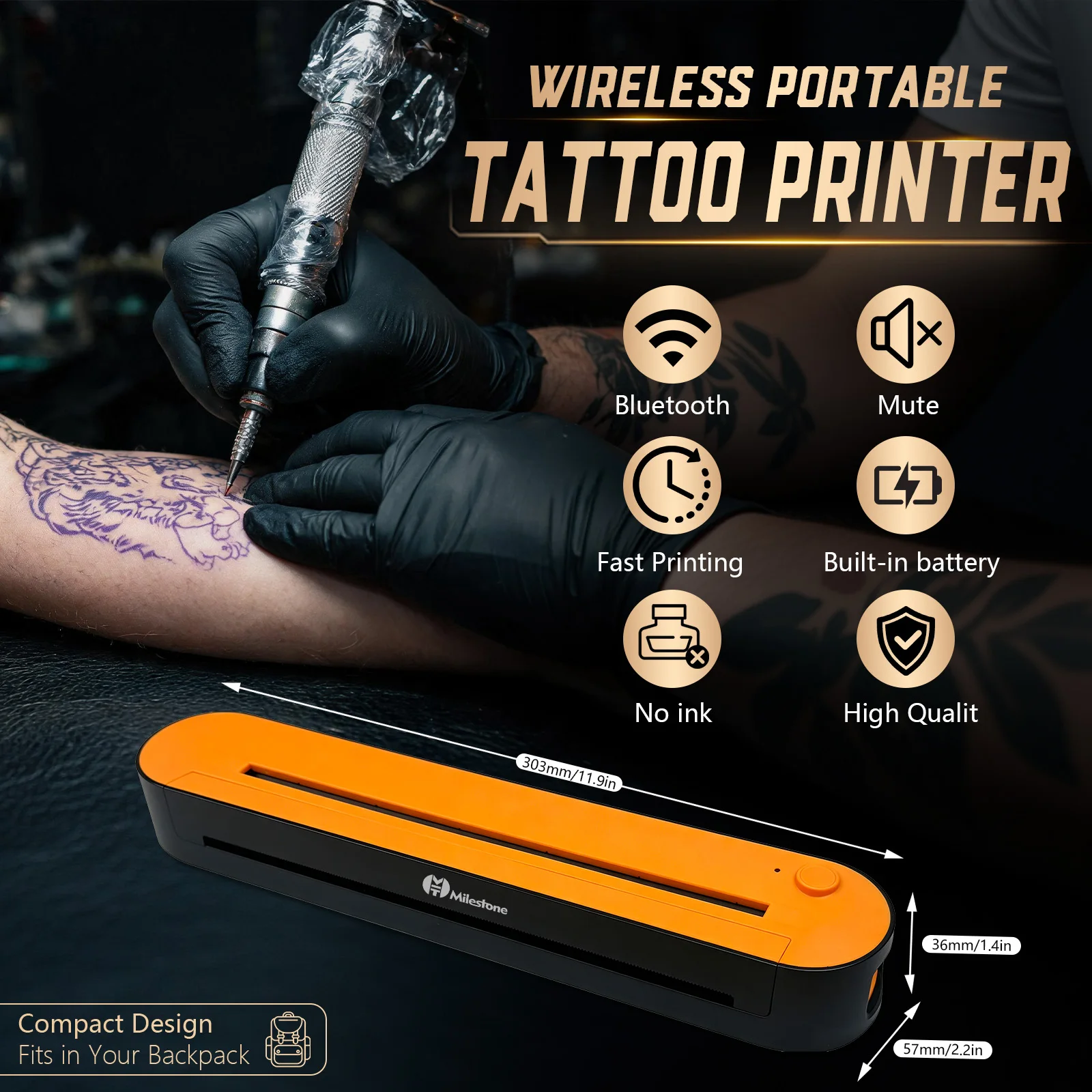 Wireless Milestone M13 Tattoo Stencil Printer, Rechargeable Bluetooth Inkless Tattoo Transfer Printer with 30Pcs Tattoo Transfer