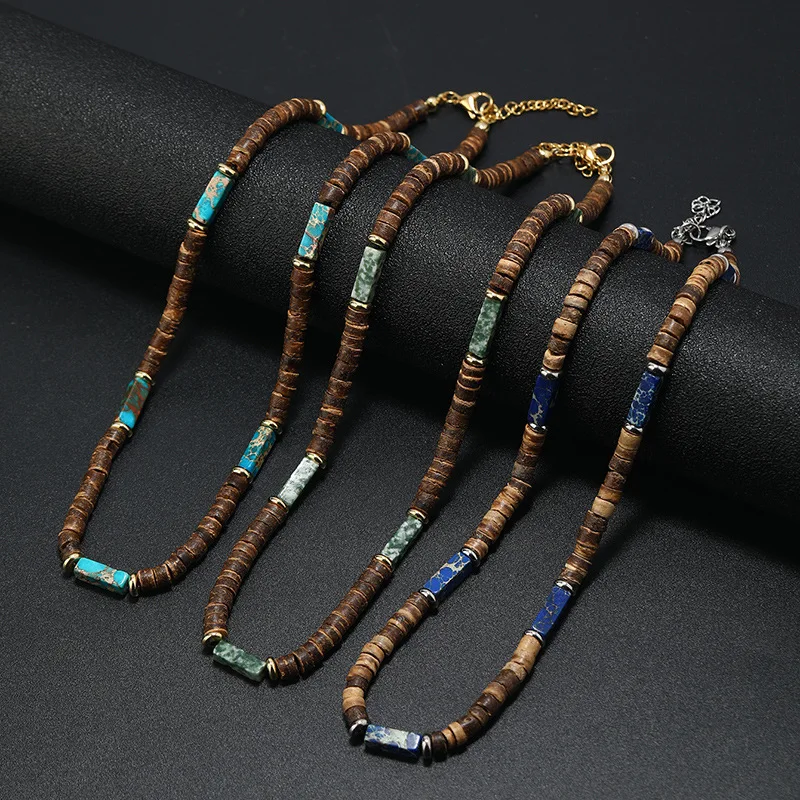 Bohemian Coconut Shell Natural Stone Necklace For Men Ethnic Vintage Hip-Hop Choker Necklace Jewelry Gifts