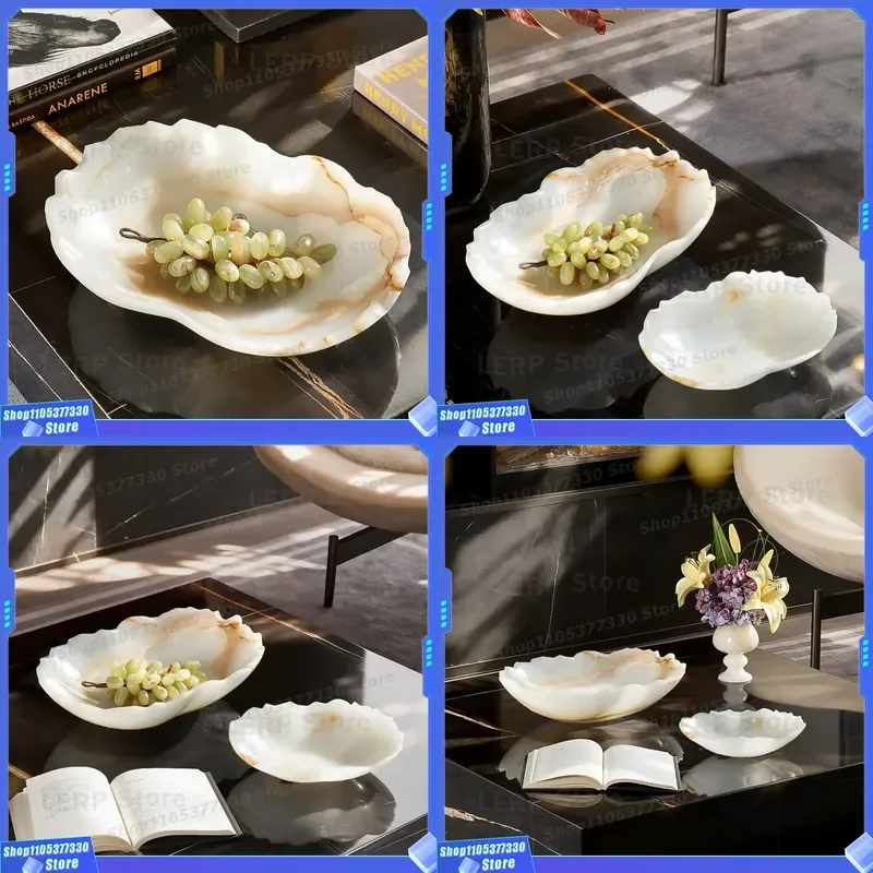 STONEKOCC White Agate Fruit Plate Luxury Art Deco Bowl for Living Room Coffee Table Home Decor Centerpiece Elegant Serving