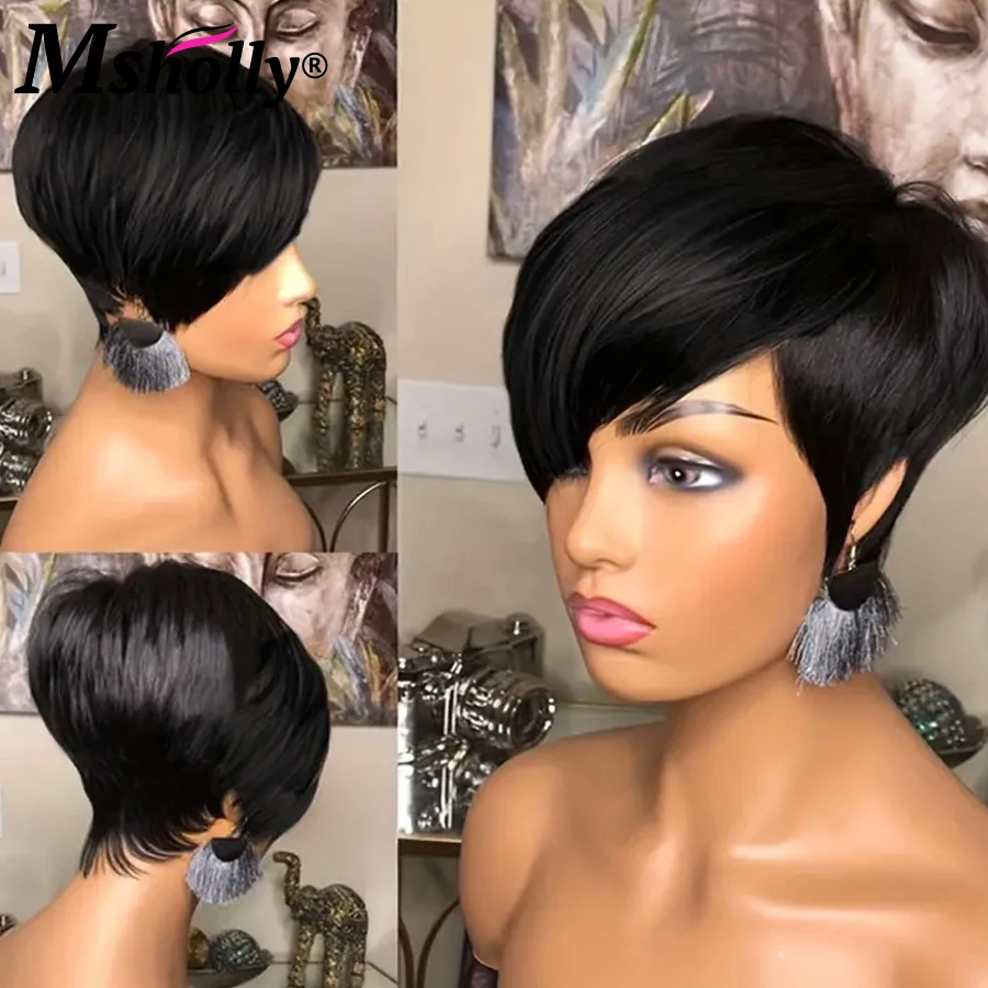 Short Pixie Cut Wigs Full Machine Made Wigs With Bangs Straight 180 Density Remy Human Hair Wigs For Women Water Wave Wigs