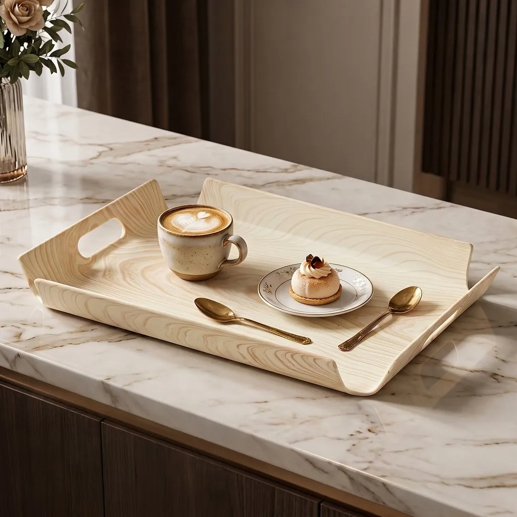 Plastic Serving Tray Wood Grain Stackable Dessert Food Plate With Handles Kitchen Serving Dishes Tableware For Restaurant Cafe
