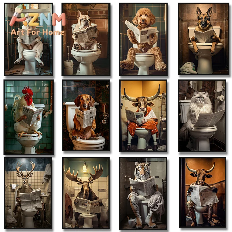 1pc framless Canvas Painting Bulldog Rooster Cow Cat Reading Newspaper Sitting on A Toilet Canvas Painting Print Funny Animals B