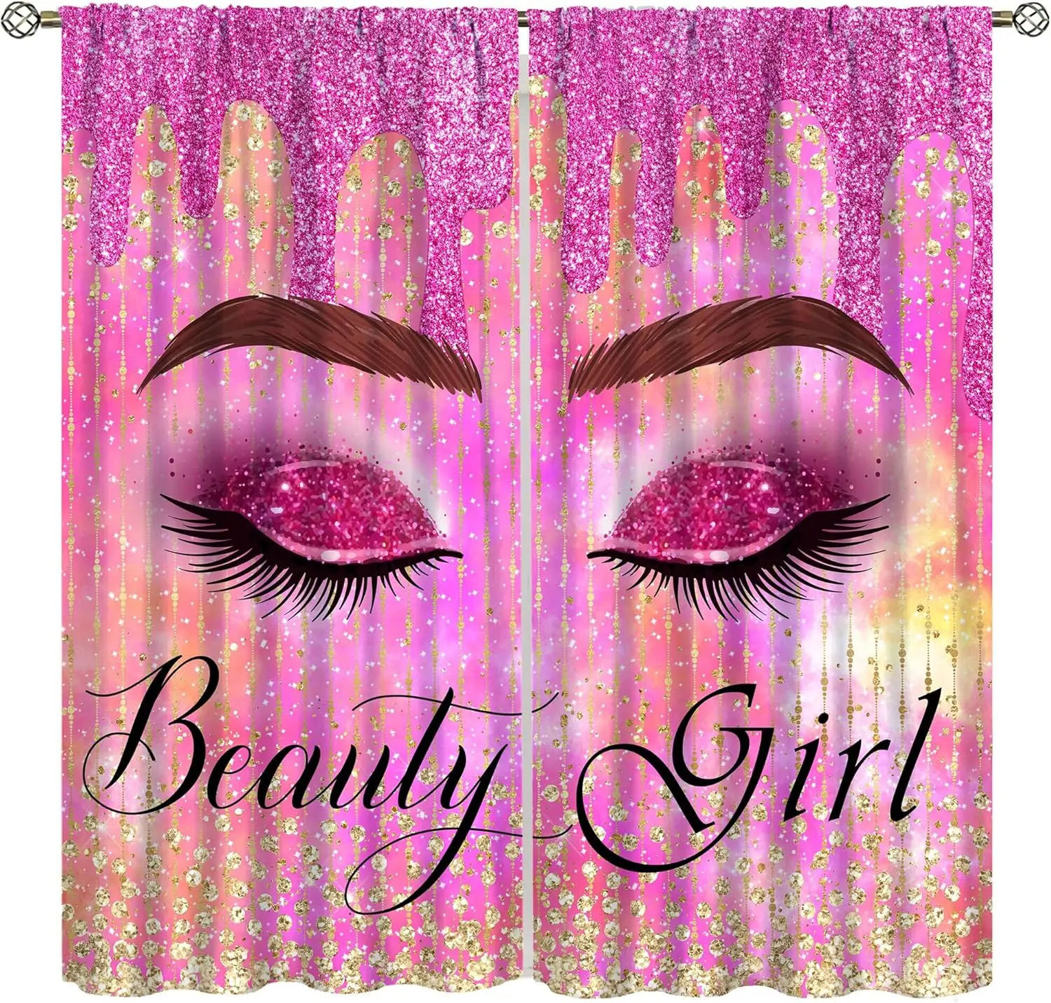 Girly Eyelash Curtains, Pink Elegant Glitter Unicorn Twinkle Drip Print Window Drapes for Girls Bedroom, 2 Panel Set