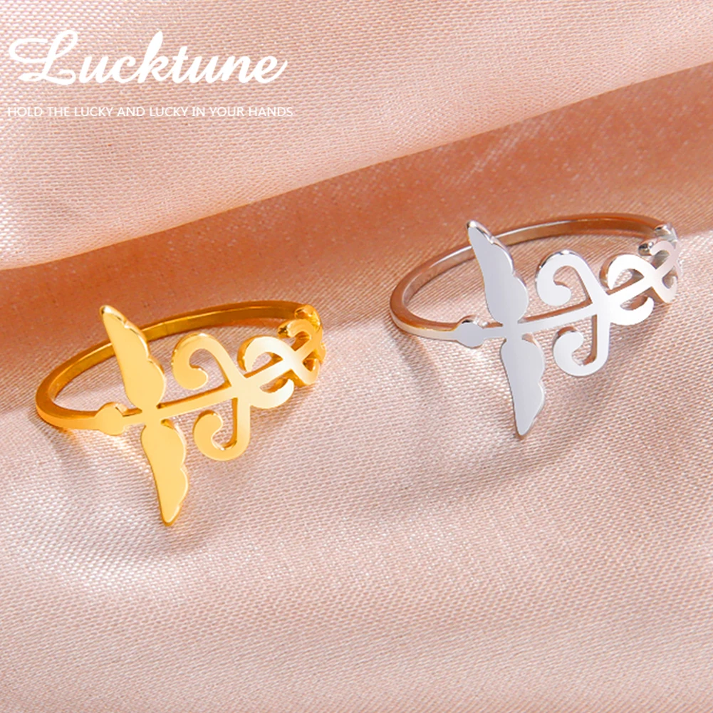 Lucktune Caduceus Medical Symbol Rings Women Stainless Steel Snake Bind Wing Finger Ring Vintage Jewelry Gift for Doctor Nurse