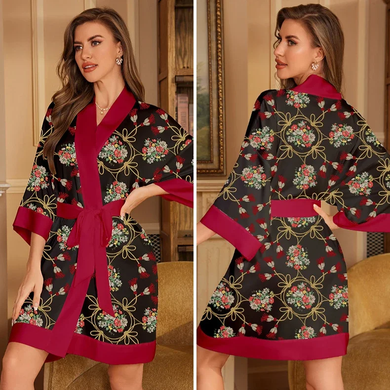 Novelty Print Kimono Yukata Homewear Large Size Women's Robe Wedding Morning Gown Bathrobe Casual Satin Loungewear Sleepwear