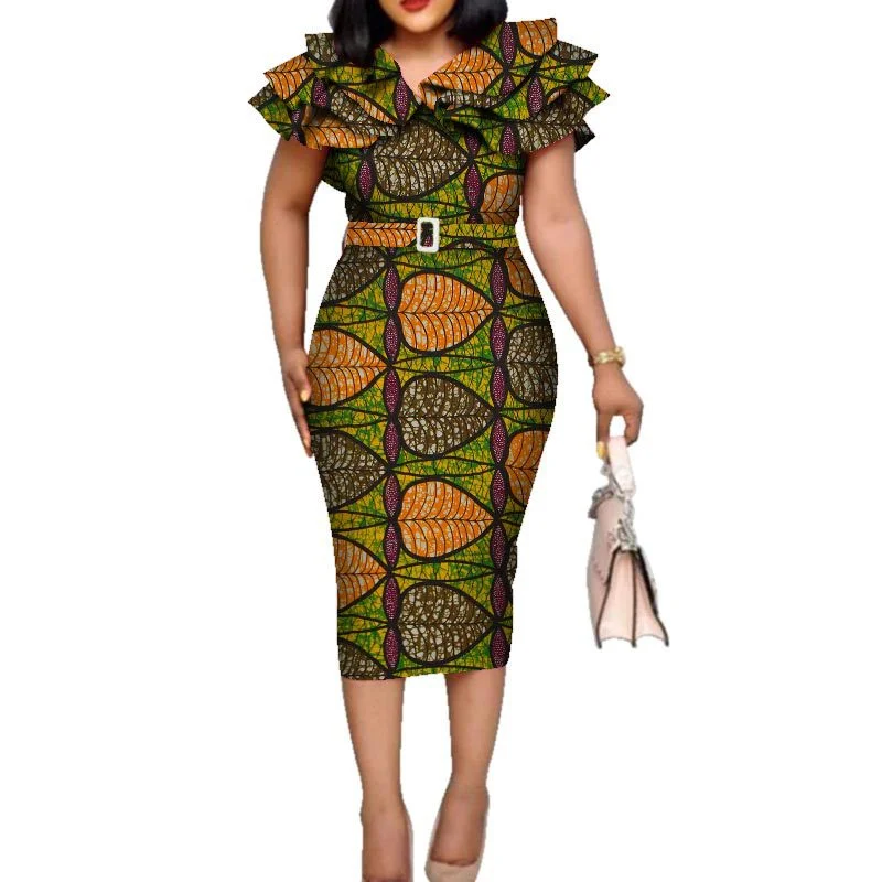 

African Ruffles Collar Belt Dresses for Women Riche Dashiki Print Dress Vestidos Women Wedding African Clothing