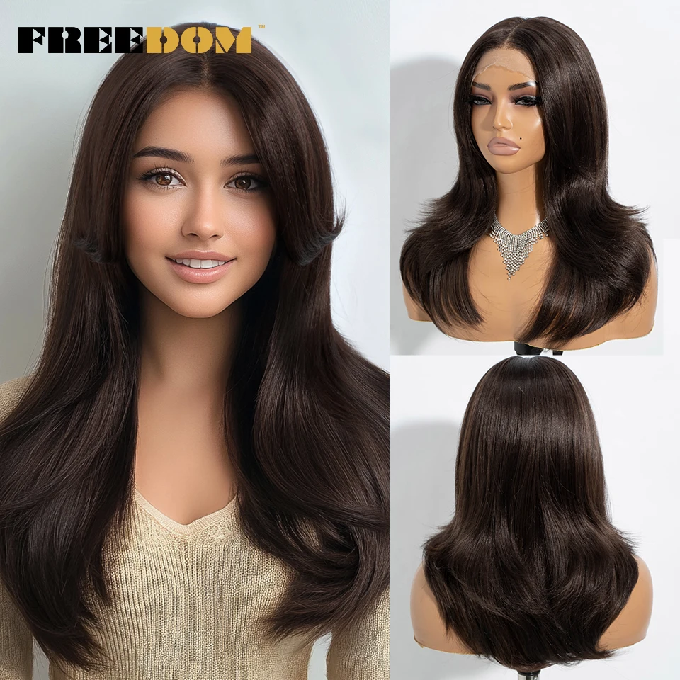 

FREEDOM Synthetic Lace Front Wigs For Women 20 Inch Straight Ombre Blonde Brown Layered Lace Wig With Bangs Cosplay Lace Wigs