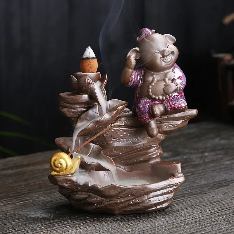 Chinese Backflow Incense Burner, Cute Pig, Ceramic, Sandalwood, Handmade, Creative Ornaments, New