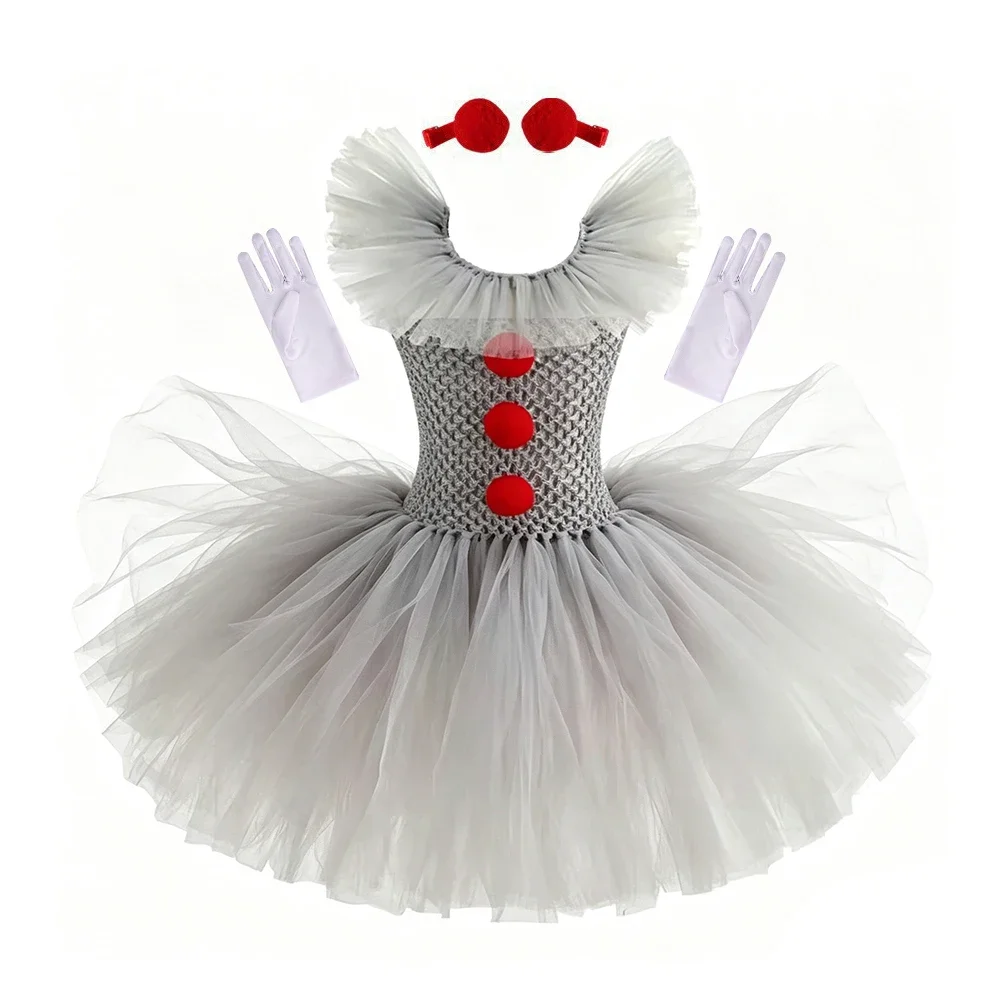 Pennywise-inspiriertes Schreckliches Kreatur It Clown Tutu-Kleid Kinder Joker Cosplay Kostüm mit Haarnadel Handschuhen Mädchen Halloween-Kleidung – Detail 3